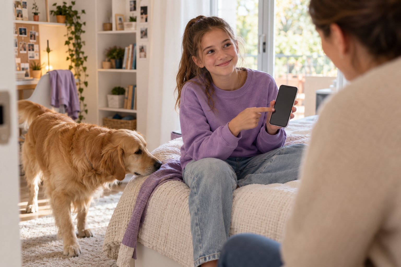 Une fille de douze ans montre fièrement l'écran de son téléphone à sa mère, chien à ses côtés
