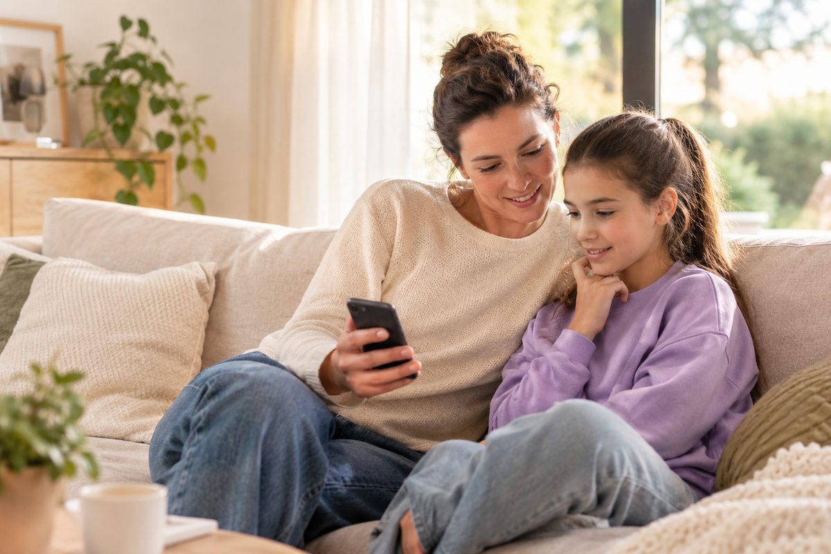 Une mère et sa fille assises sur un canapé, regardant ensemble l'écran d'un téléphone
