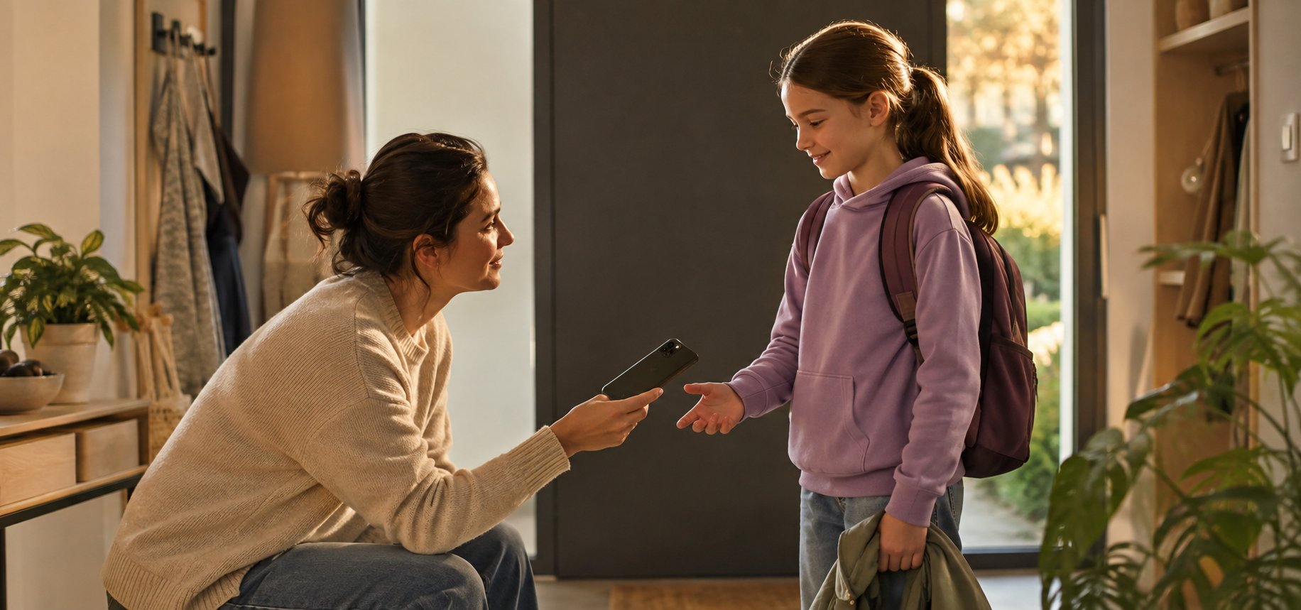 Une mère tend son premier smartphone à sa fille de dix ans, dans l'entrée de la maison