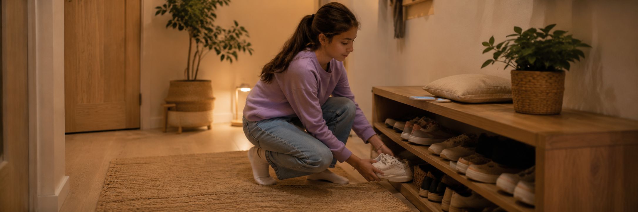 Adolescente qui range ses baskets dans un meuble à chaussures en bois, dans une entrée chaleureuse le soir
