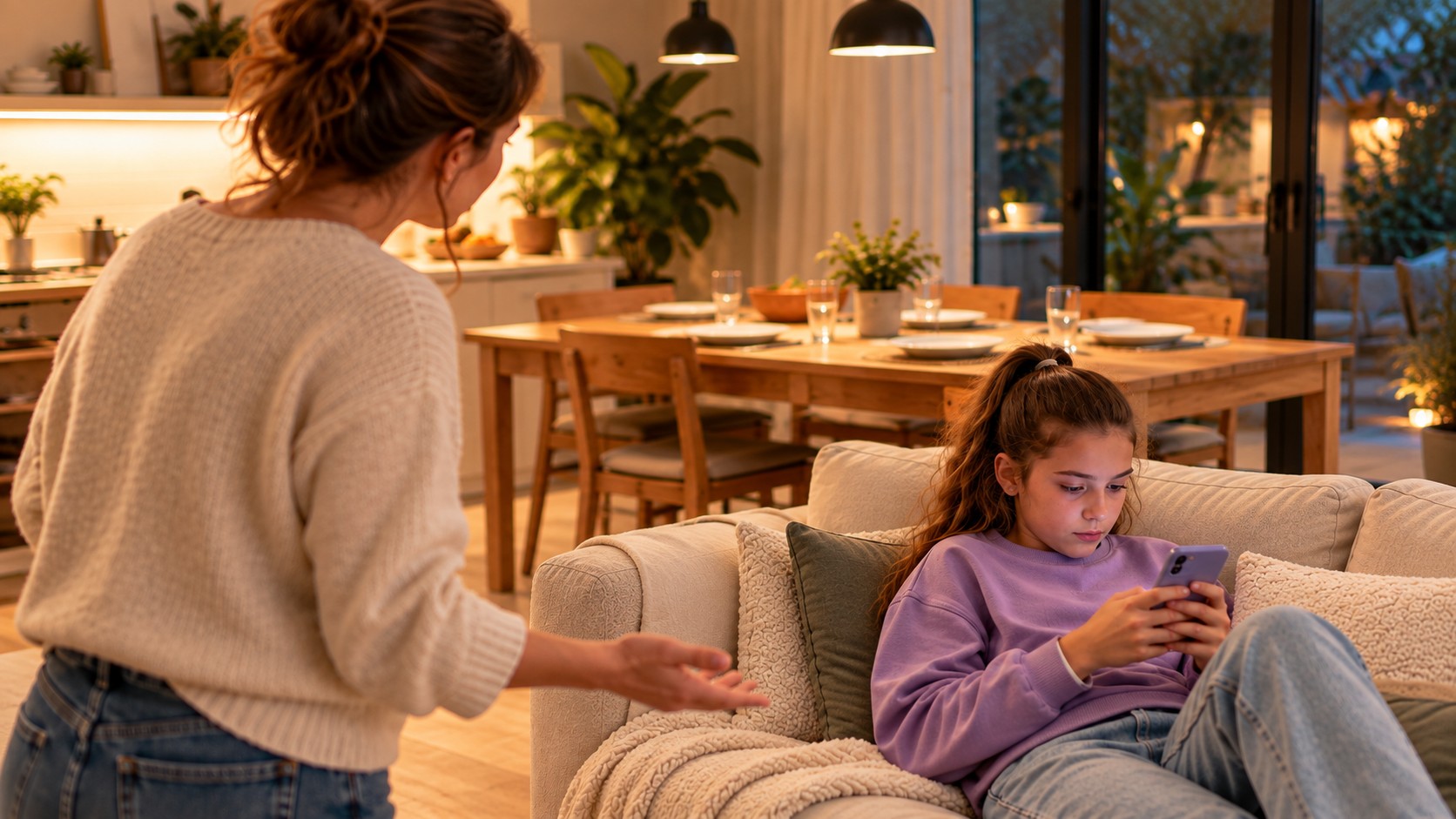 Une mère s'adresse à sa fille absorbée par son téléphone sur le canapé, table dressée pour le dîner en arrière-plan
